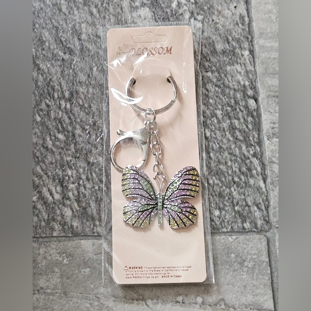 Multicolor Rhinestone Butterfly Keychain With Clasp In Silver BNIB - Picture 2 of 10